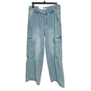 Forever 21 Denim Wide Leg Cargo Light Wash High Rise Pocket Jeans Size 29 New